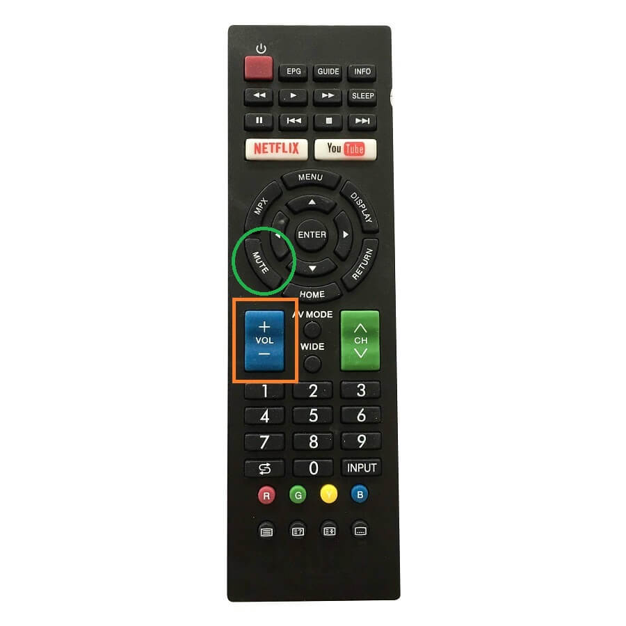 Nút volume (trong hình chữ nhật màu cam) trên điều khiển tivi Sharp và nút Mute (nằm trong hình elip màu xanh lá cây)
